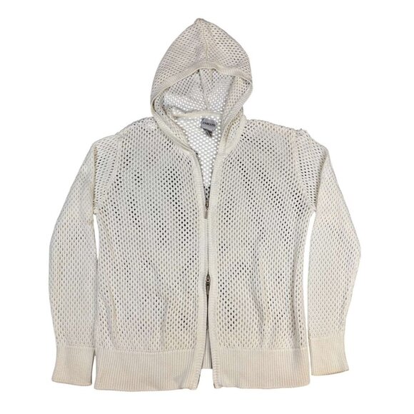 Chicos Womens White Open-Knit Dual Zipper Hooded Cardigan Sweater Jacket Size 1 - Picture 1 of 3